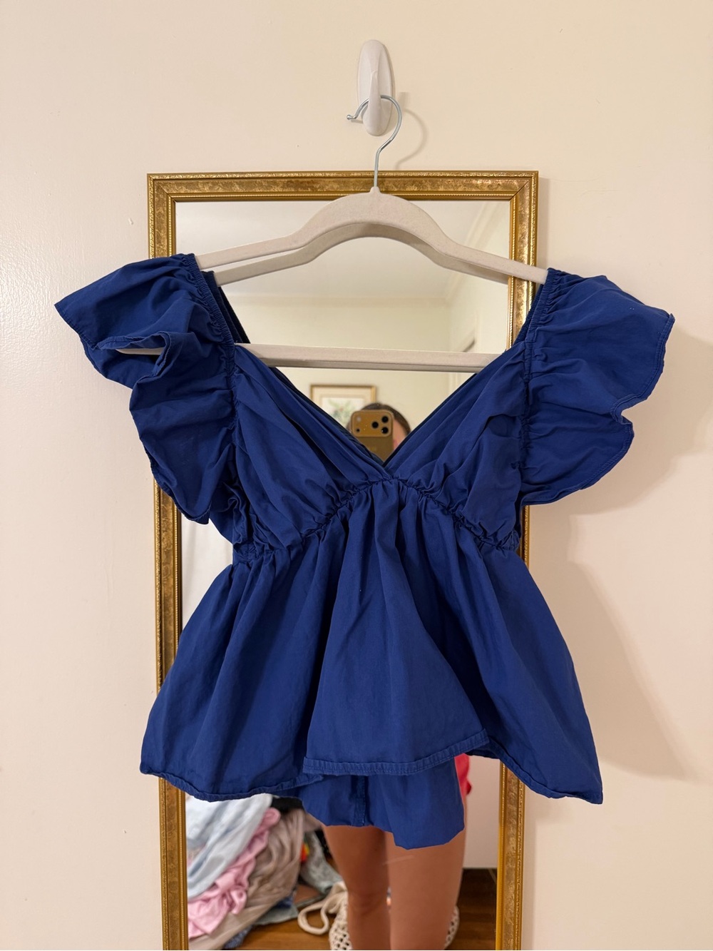 Women's Deep Blue Ruffle Sleeve V-Neck Blouse